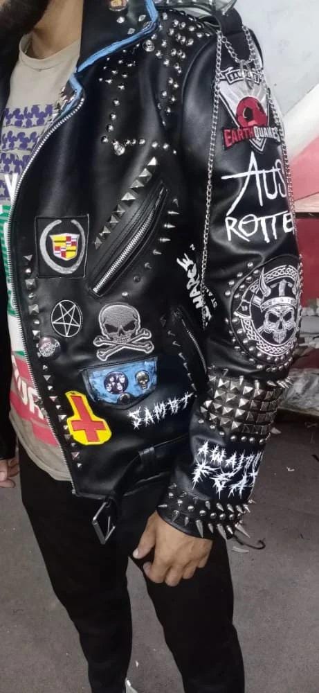 【2plan】Babel Patch Leather Jacket Awesome Vintage Leather Punk Rock Motorbike Motorcycle