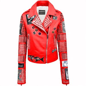 Crimson Signal Women’s Red Punk Jacket with Metal Studs and Graphic Patches