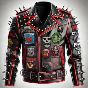 Puede incluir: Chaqueta de cuero negra para moto con ribetes rojos y detalles con tachuelas. La chaqueta tiene varios parches de bandas, incluyendo "Pantera", "Type O Negative", "Misfits", "Danzig", "W.A.S.P.", "Guns N' Roses" y "Psycho".