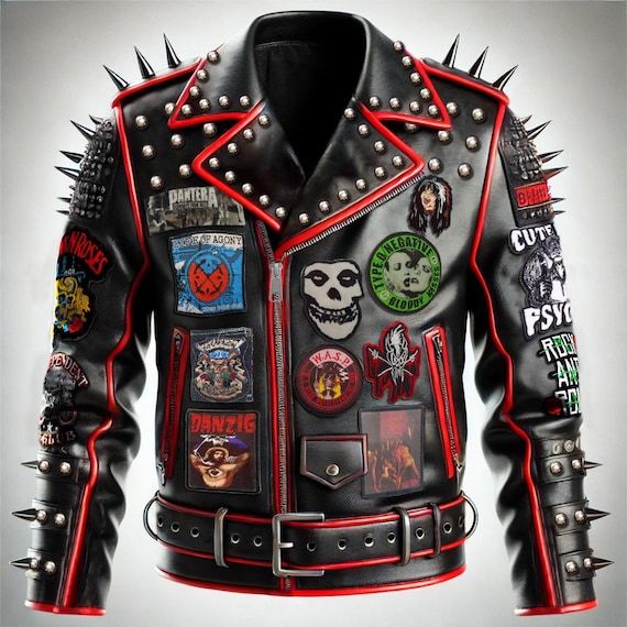 Edgy Biker Leather Jacket, Vibrant Punk Rock Patches, Steampunk