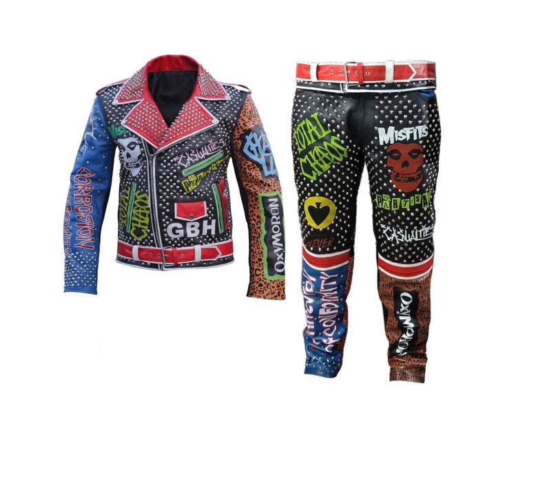 Men Motorbike Studded Patches Cowhide Leather Pant Jacket Costume
