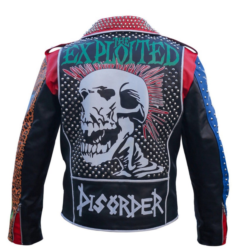Men Motorbike Studded Patches Cowhide Leather Jacket