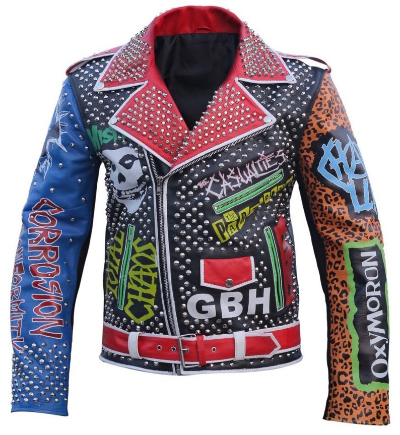 Men Motorbike Studded Patches Cowhide Leather Jacket