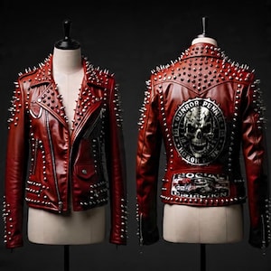 Blood Hex Women’s Red Punk Jacket with Skull Crest, Spiked Spine & Anarchy Emblems