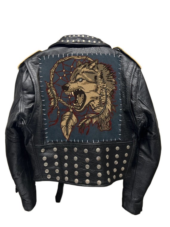 【2plan】Babel Patch Leather Jacket Edgy Biker Studs Leather Patches, Gothic Rocker Style Brando