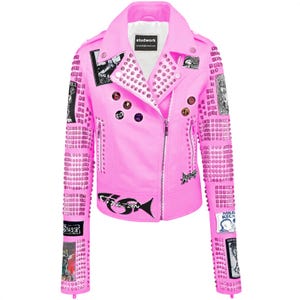 Studded Women’s Pink Punk Jacket with Metal Studs and Graphic Patches