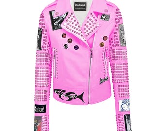 Pinklove様 Venom Pulse Women's Pink Leather Jacket With Punk Patches