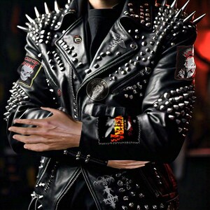 Men Spiked Studded Leather Biker Gothic Patches Jacket