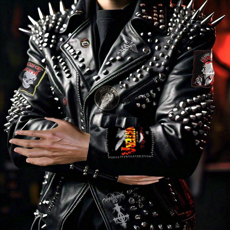Men Spiked Studded Leather Biker Gothic Patches Jacket