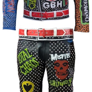 Men Motorbike Studded Patches Cowhide Leather Pant Jacket Costume