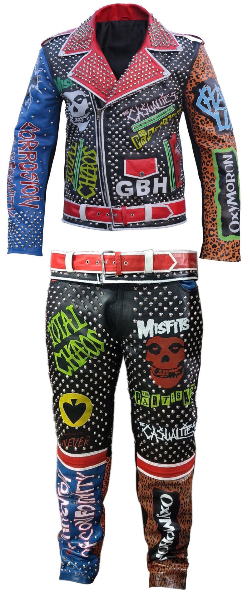 Men Motorbike Studded Patches Cowhide Leather Pant Jacket Costume
