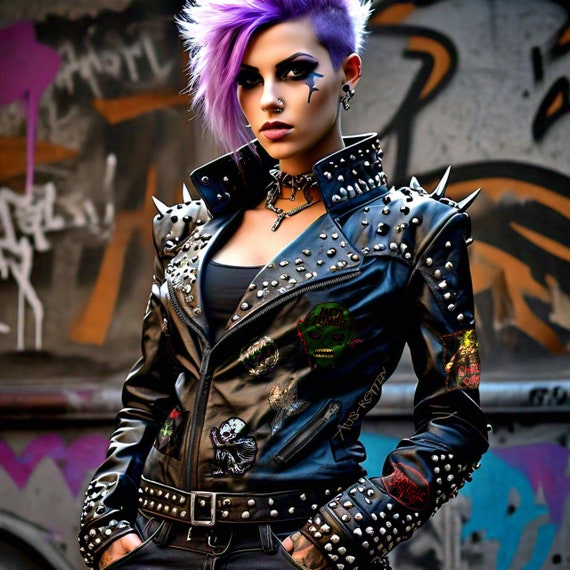 Spiked Steampunk Leather Jacket, Women Edgy Rocker Style