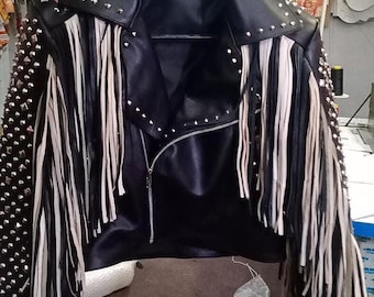 Herren Nietenfransen Leder Bikerjacke