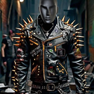 Könnte beinhalten: Schwarze Lederjacke mit goldfarbenen Stacheln auf den Schultern und Ärmeln. Die Jacke hat mehrere Aufnäher, Reißverschlüsse und den Text "Awaiting Fear". Eine Schaufensterpuppe trägt die Jacke in einer dunklen Gasse.