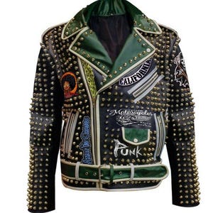 May include: Black leather jacket with gold-colored studs, green accents, and patches. Features the word "PUNK" and the word "CALIFORNIA" on the front. Includes a belt and a green collar.