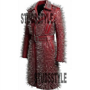 May include: A red leather coat covered in silver spikes. The coat has a belted waist, a zipper closure, and a collar. The text "STYLE" is partially visible on the coat. This unique coat is a statement piece.