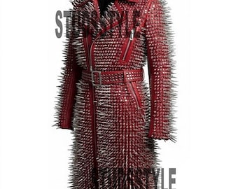 May include: A red leather coat covered in silver spikes. The coat has a belted waist, a zipper closure, and a collar. The text "STYLE" is partially visible on the coat. This unique coat is a statement piece.