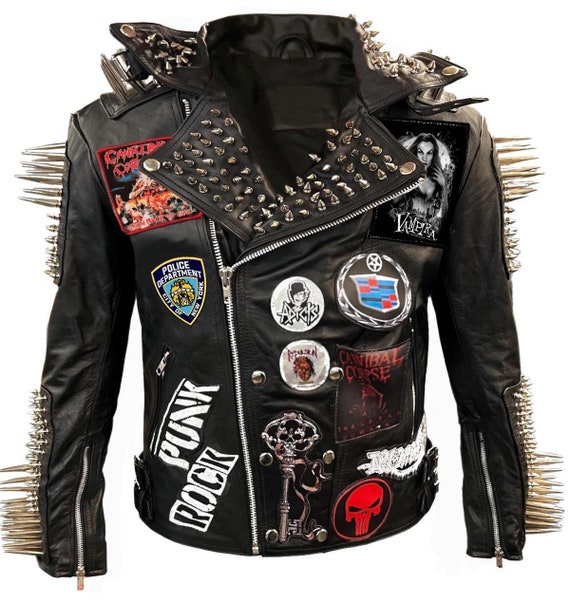 Men Punk Metal Spikes Studded Biker's Gothic Leather Patchwork
