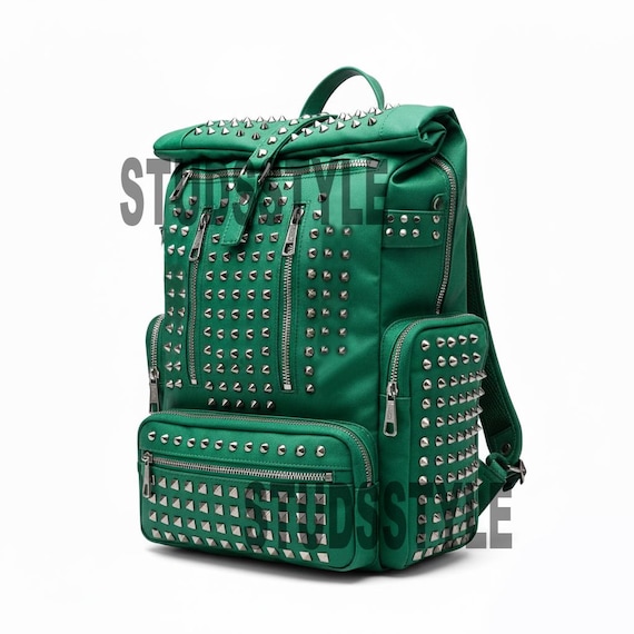 Edgy Hardware Green Color Sheep Skin Leather Traveling Handmade Spikes Studded Backpack