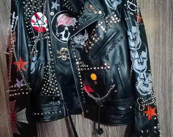 Punk Rock Leather Patches Metal Chain Gothic Studded Jacket