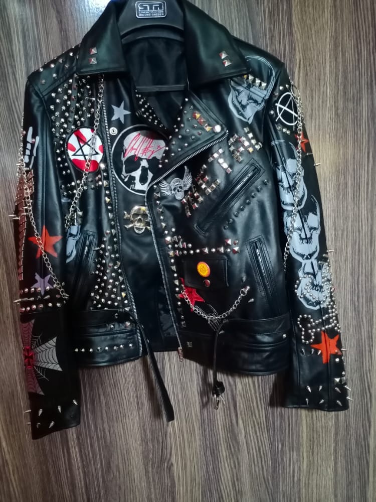 Punk Rock Leather Patches Metal Chain Gothic Studded Jacket