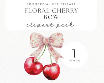 Watercolor Cherry Bow Clipart | Floral Coquette PNG (Digital Download)