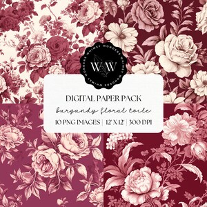 Papel digital Toile De Jouy rojo / Papel de boda vintage / Diseño de tela francesa / Papel de scrapbooking imprimible / Hermoso fondo floral