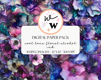 Floral Alcohol Ink Digital Paper | Purple Silver Texture (Digital Download)