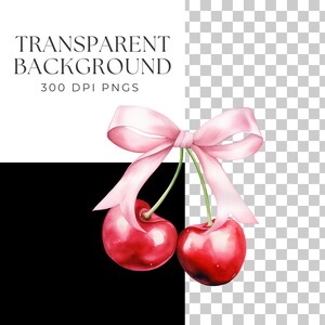 May include: Two red cherries tied together with a pink ribbon bow. The cherries have green stems and leaves. The background is transparent.