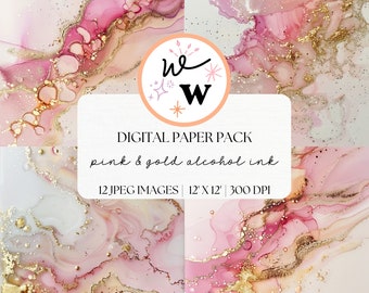 Digitaal papier op alcoholinkt roze en goud | Roze aquarelachtergronden | Digitaal papier met glittertextuur | Levendige achtergronden