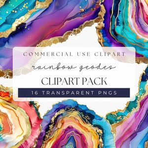 May include: A digital clipart pack of 16 transparent PNG images featuring rainbow geode designs with gold accents.  The images are perfect for adding a touch of whimsy and color to your digital projects.