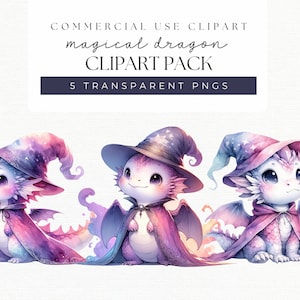Cute Wizard Dragon Clipart | Fantasy Clipart | Whimsical Magic PNG | Baby Dragon Sublimation | Watercolor Dragon PNG | Little Dragon Images