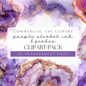 May include: Purple and gold alcohol ink abstract art clipart pack. 34 transparent PNG files for commercial use.