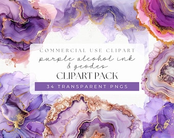 Purple and Gold Alcohol Ink Clipart | Watercolor Splashes PNG | Digital Watercolor Splatter | Rose Gold Geode Clipart | Abstract Agate PNG