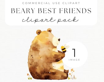 Watercolor Bear and Bee Clipart | Nursery PNG (Digital Download)
