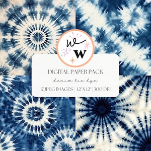 Indigo Tie Dye Digital Paper | Denim Tie Dye Pattern | Navy and White Background | Scrapbook Paper | Shibori Patterns | Abstract Prints