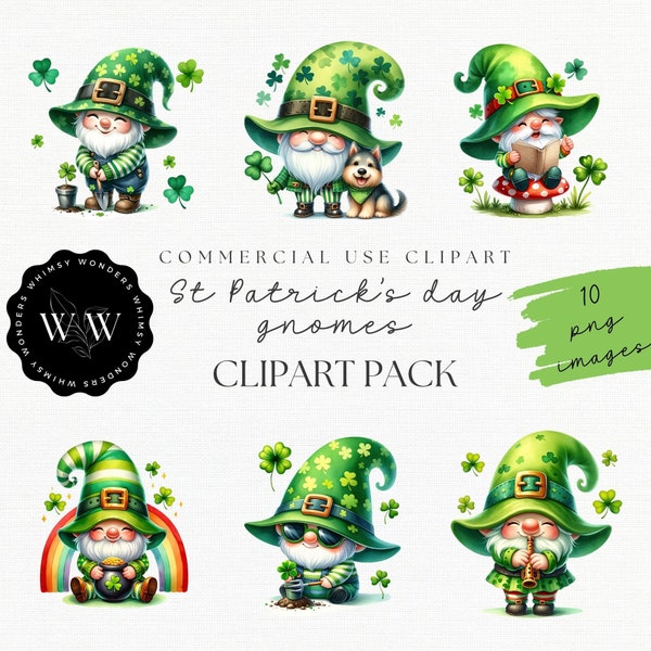 St Patricks Day Gnomes Clipart | Watercolor Green Gnome PNGs | Saint Patricks Day Graphics | Festive Gnomes Images | Cute Fantasy Clipart |