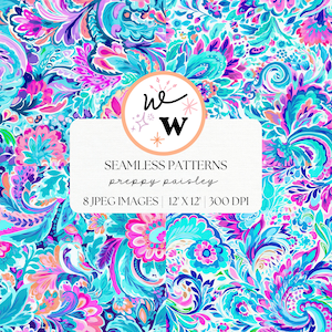Preppy Paisley Nahtloses Muster | Preppy Print Digitalpapier | Lebendiges Paisley-Wiederholungsmuster | Abstrakte Blumen | Druckbares Sammelalbum