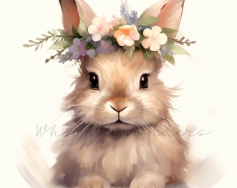 Floral Crown Bunnies JPEG Images | Watercolor Floral Bunny PNG | Vintage Easter Bunny Flowers Clipart | Card Making Designs | Sublimation