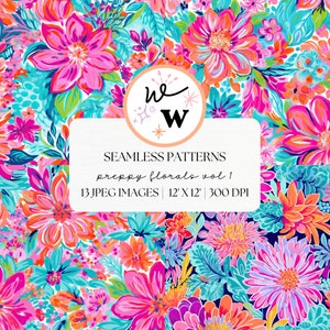 Modèle sans couture de fleurs preppy | Impression botanique printanière | Papier numérique floral preppy | Papier pour scrapbooking | Fond de fleurs vibrantes
