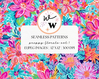 Modèle sans couture de fleurs preppy | Impression botanique printanière | Papier numérique floral preppy | Papier pour scrapbooking | Fond de fleurs vibrantes