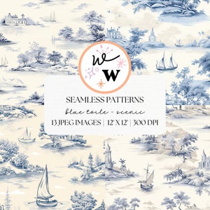 Blue Toile De Jouy Seamless Pattern | Blue Toile Digital Paper | Chinoiserie Repeating Pattern | Scenic French Toile Printable Paper