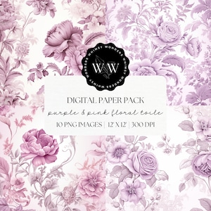 Papier numérique toile violet rose | Ensemble de papiers imprimables floraux à télécharger | Impression florale de scrapbooking | Impression numérique Toile de Jouy | Toile de Jouy