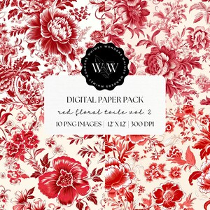 Papel digital Toile rojo / Juego de papel imprimible floral Descargar /Impresión de álbum de recortes floral / Impresión digital Toile de Jouy / Toile de Jouy