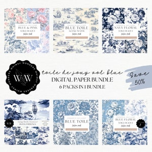Carta digitale blu Toile De Jouy / Scrapbooking stampabile / Bellissimo sfondo floreale / Creazione di carte / Clipart Toile / Pacchetto di carta digitale