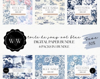 Blue Toile De Jouy Digital Paper | Printable Scrapbooking | Beautiful Floral Background | Card Making | Toile Clipart | Digital Paper Bundle