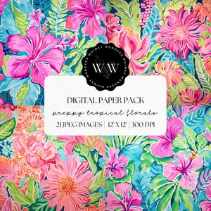 Preppy Flowers Digital Paper | Preppy Spring Flowers | Tropical Floral Pattern | Summer Botanical Digital Paper | For Cards and Invitations
