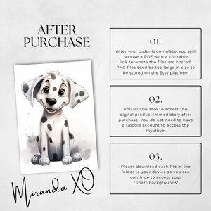 May include: A digital illustration of a Dalmatian puppy sitting on a grey background. The image includes text that says "After Purchase" and instructions for accessing digital files after purchase. The text includes the numbers 01, 02, and 03.