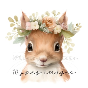 10 animaux portant des couronnes de fleurs JPEG | Lot de cliparts aquarelle | Art imprimable mignon pour chambre de bébé |  Bouquets floraux printaniers | Téléchargement numérique