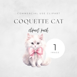 Acuarela Marie Cat Clipart / Gato blanco con imágenes prediseñadas de arco / Lindo gatito PNG / Lazo de coqueta rosa PNG / Clipart estético femenino